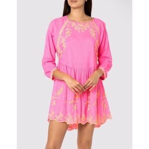JULIET DUNN Sugar Pink Neon Orange Embroidered Batwing Dress Size L NWT
